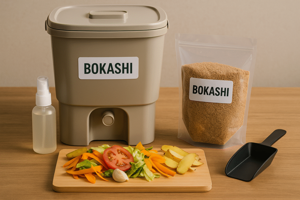 Zestaw do kompostowania bokashi: plastikowe wiadro z kranikiem, resztki warzywne i otręby bokashi gotowe do fermentacji w warunkach domowych.