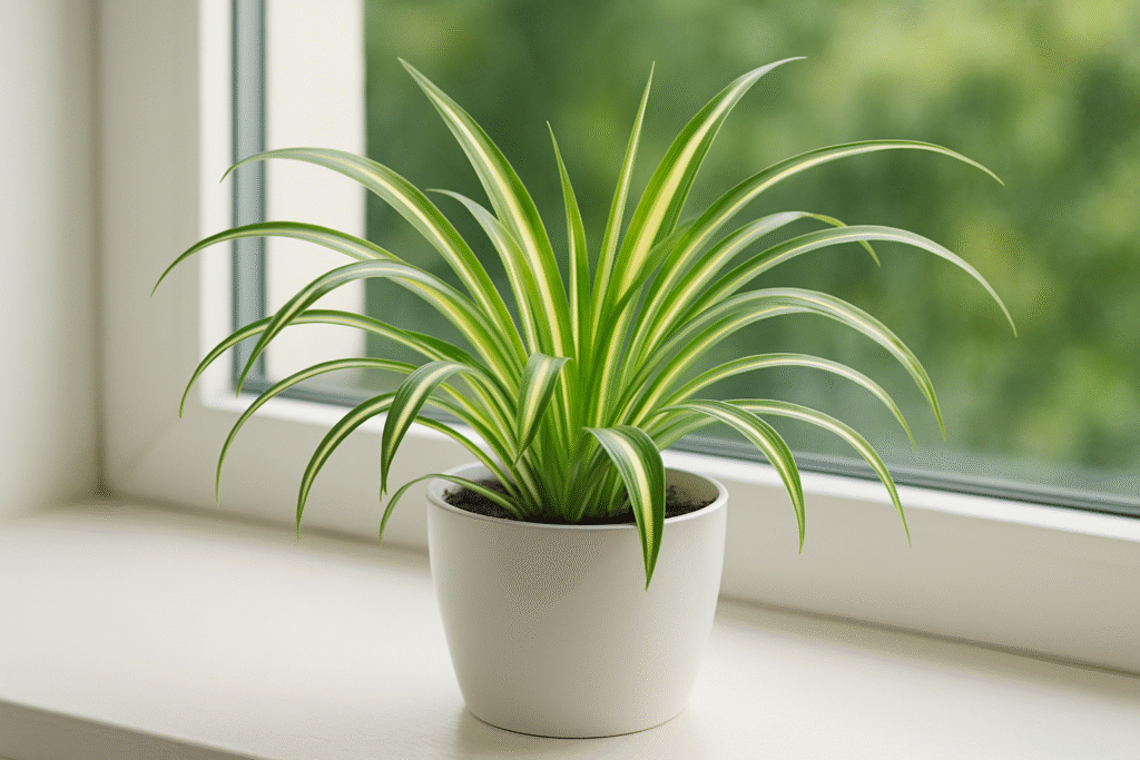 Zielistka (Chlorophytum comosum) w białej doniczce ustawiona na parapecie – długie, łukowato opadające liście z kremowymi paskami na tle okna i zieleni