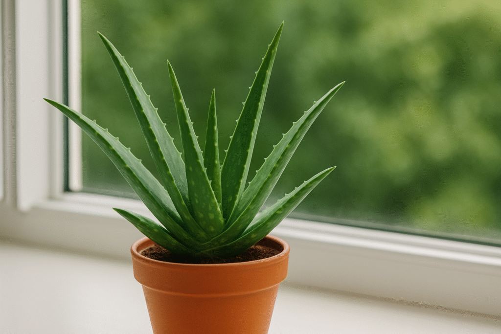 Aloes zwyczajny (Aloe vera) w glinianej doniczce ustawiony na parapecie – grube, zielone liście w naturalnym świetle na tle zieleni za oknem