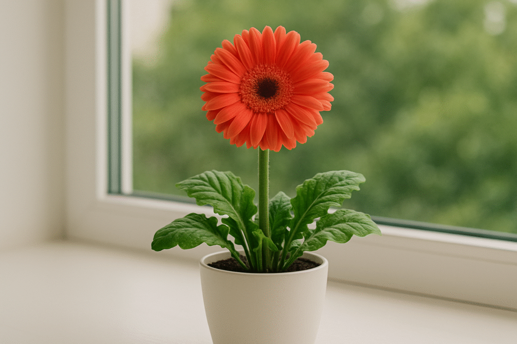 Gerbera jamesonii w białej doniczce na parapecie – intensywnie czerwona kwiatowa główka i zielone liście oświetlone naturalnym światłem