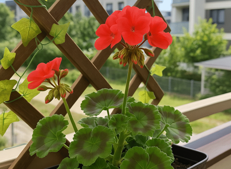 Czerwona pelargonia rabatowa w balkonowej doniczce na tle drewnianej kratki z bluszczem i nowoczesnych budynków w tle.