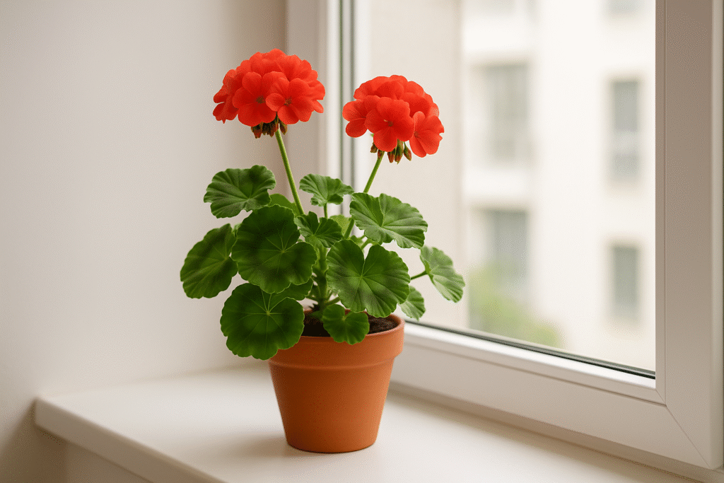 Czerwona pelargonia rabatowa w terakotowej doniczce, zimowana na białym parapecie w jasnym pomieszczeniu z widokiem na osiedle.
