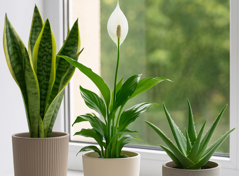 Sansewieria, skrzydłokwiat i aloes w minimalistycznych doniczkach na parapecie – naturalne rośliny filtrujące powietrze w mieszkaniu