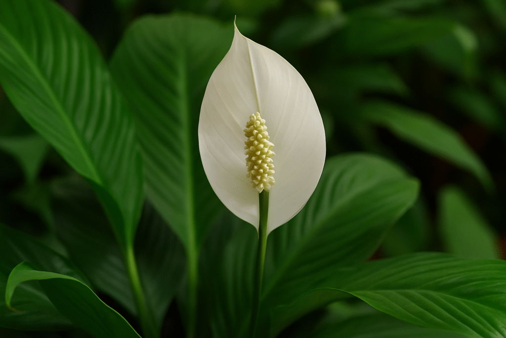 Kwitnący skrzydłokwiat (Spathiphyllum) z białą pochwą kwiatową i kremowym kolbą pośrodku – na tle błyszczących, ciemnozielonych liści