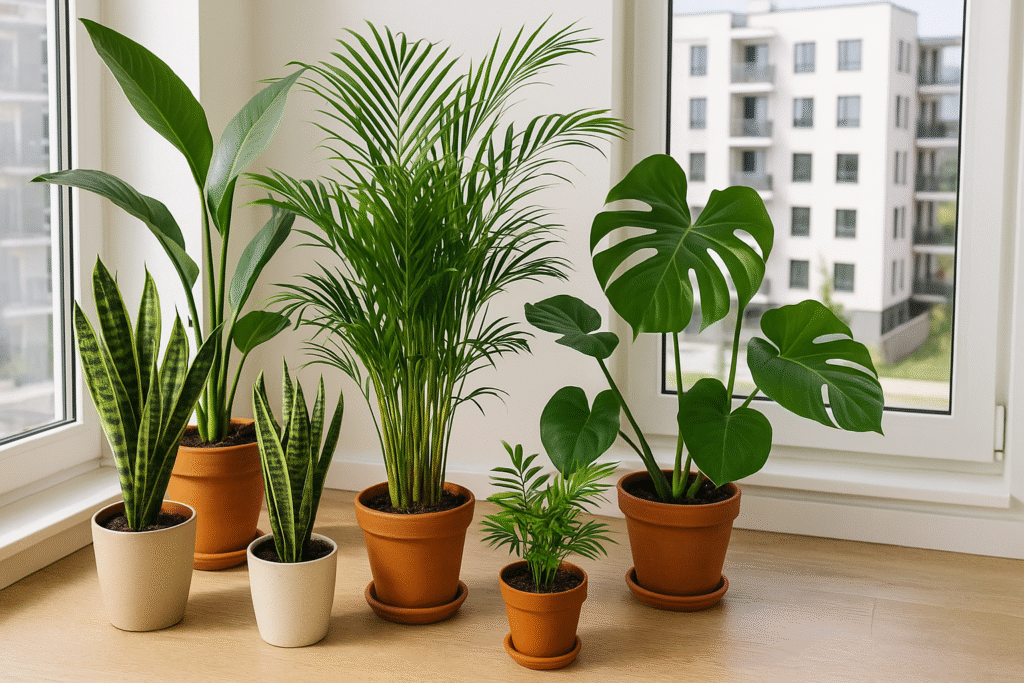 Tropikalne rośliny doniczkowe – monstera, palma, strelitzia i sansewieria – ustawione przy oknie w mieszkaniu z widokiem na miejskie osiedle.