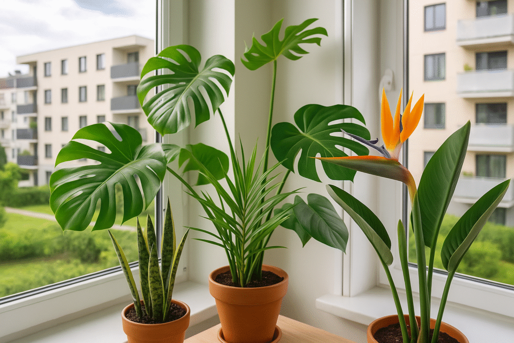 Kącik z egzotycznymi roślinami doniczkowymi – monstera, palma i strelitzia – ustawionymi przy narożnym oknie w mieszkaniu na miejskim osiedlu.