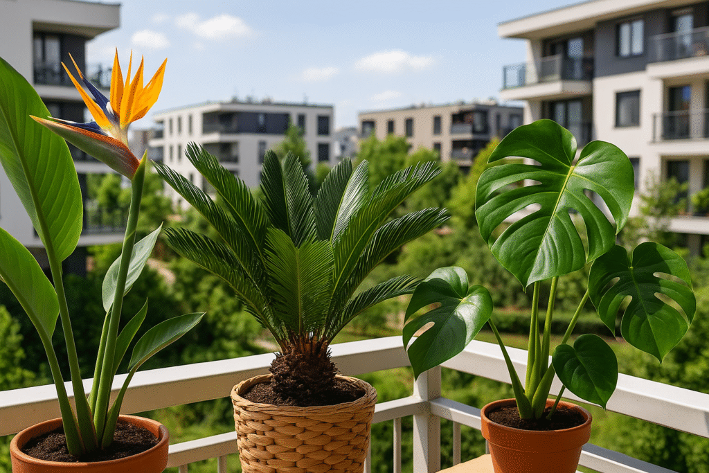 Egzotyczne rośliny doniczkowe – strelitzia, palma sagowa i monstera – ustawione na balkonie wśród nowoczesnej zabudowy miejskiej.