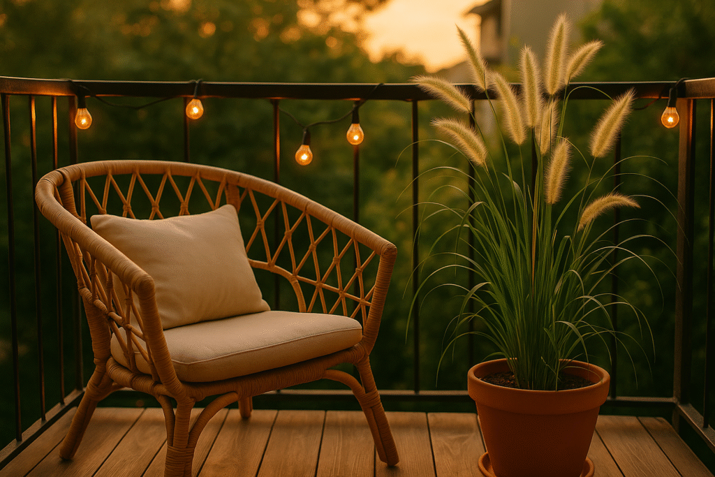 Balkon w stylu boho z rattanowym fotelem i trawą piórkówką, oświetlony lampkami przy zachodzie słońca.