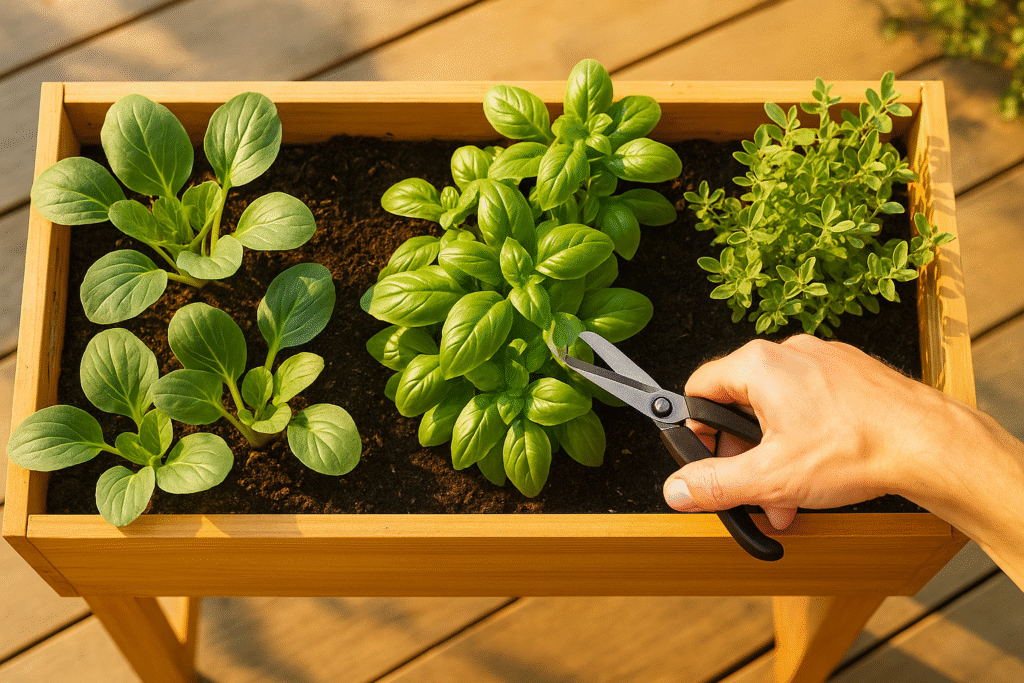 Skrzynka z mini-warzywami i ziołami – pak choi, bazylia i oregano – ręka przycina bazylię w lipcowym słońcu.